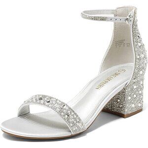 Dream Pairs Womens Silver/Rhinestone Chunky Block Heel Ankle Strap Sandals Shoes